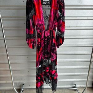 BCBGMaxAzria Pink and Black Wrap Sundress with Bishop Sleeves